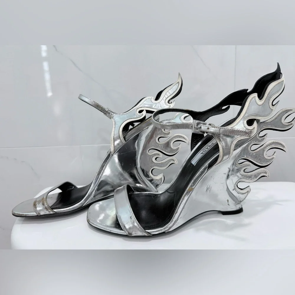 Prada Silver and Black Flame Wedge Sandals Shoes Vintage Y2K 90s Size 39